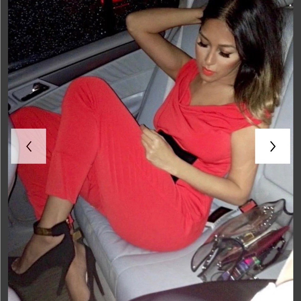 CORAL OFF-SHOULDER JUMPSUIT WITH BELT (MEDIUM)
